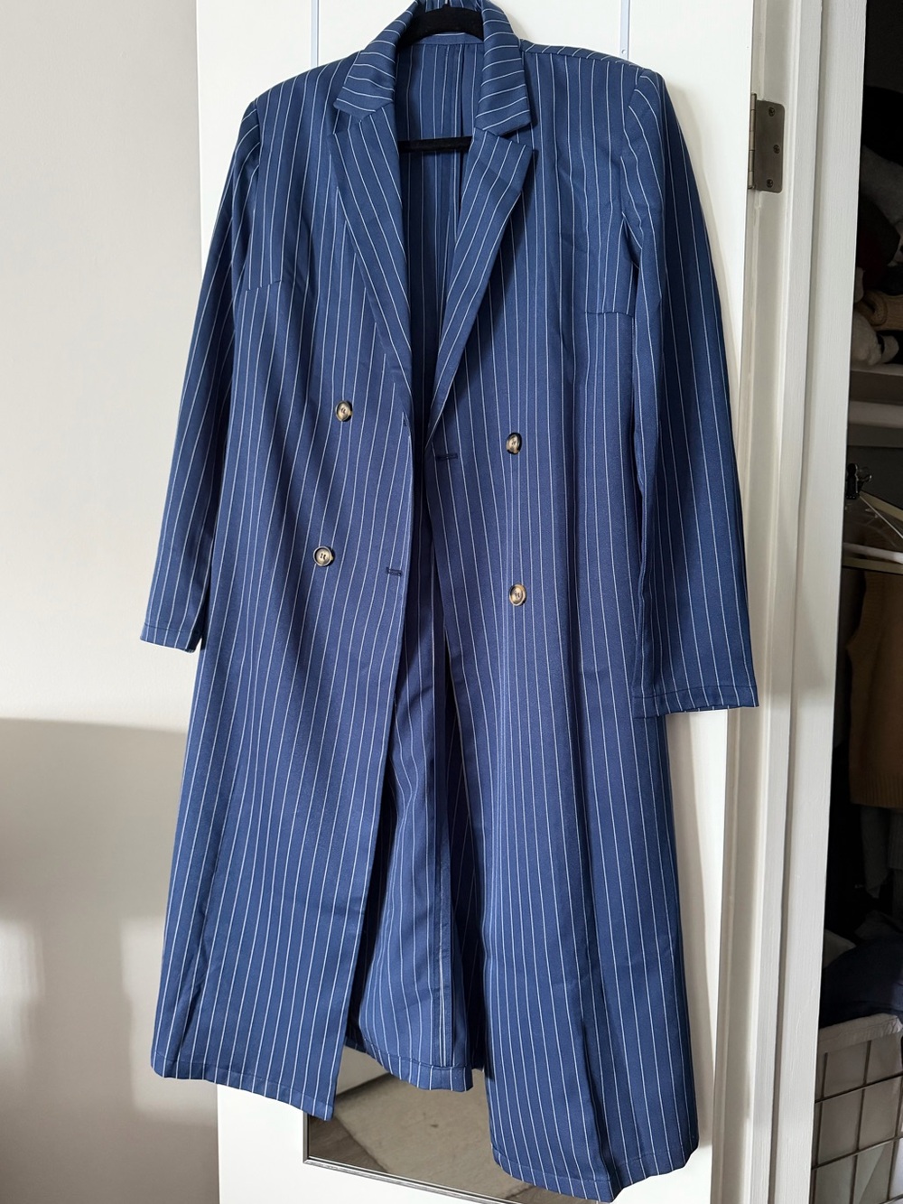 Double-Breasted Navy Pinstripe Long Blazer Coat